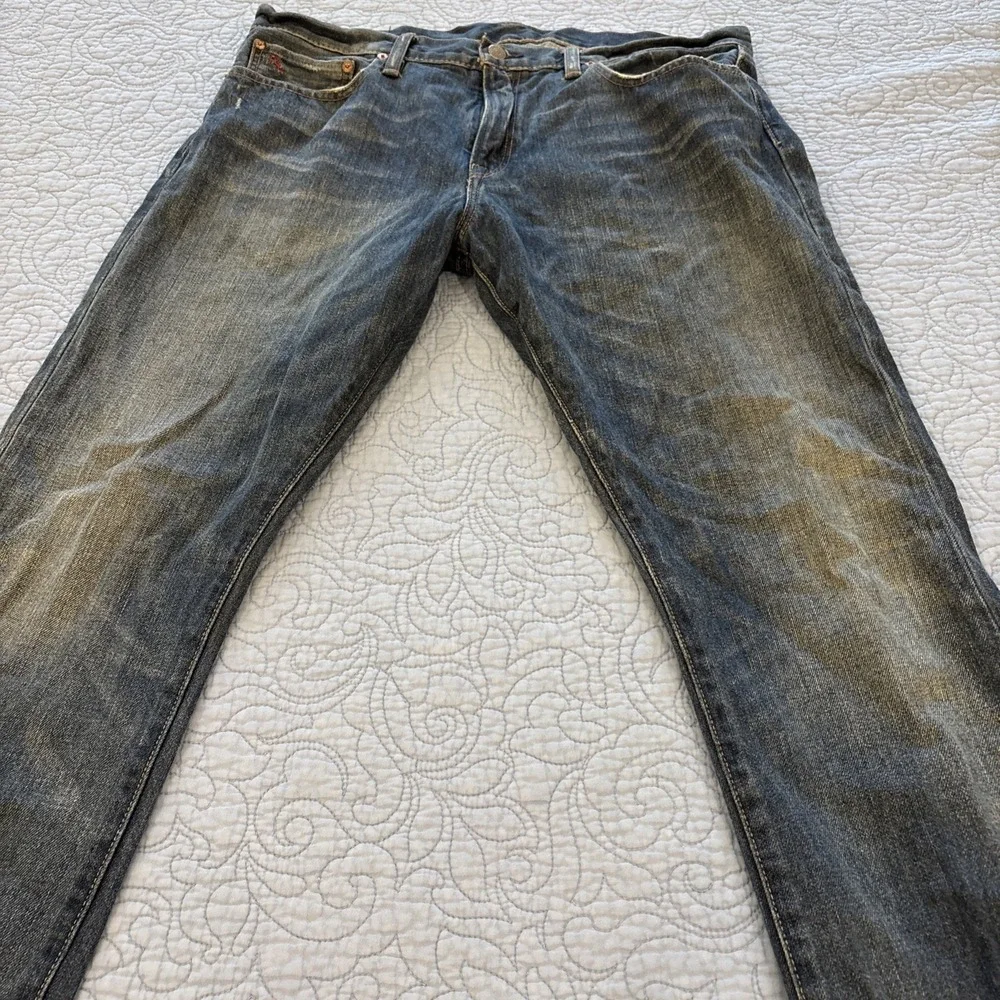 Polo Ralph Lauren 381 Mens 34x32 Dark Blue Jeans Distress Cotton Denim Nice Fade